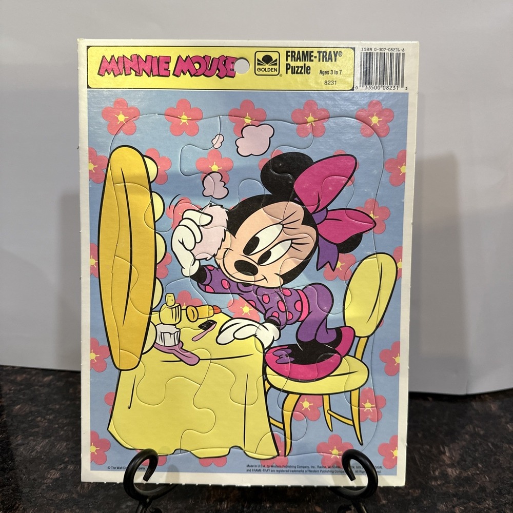Walt Disney Golden Frame Tray Puzzle Minnie Mouse Vanity Table Vintage Makeup